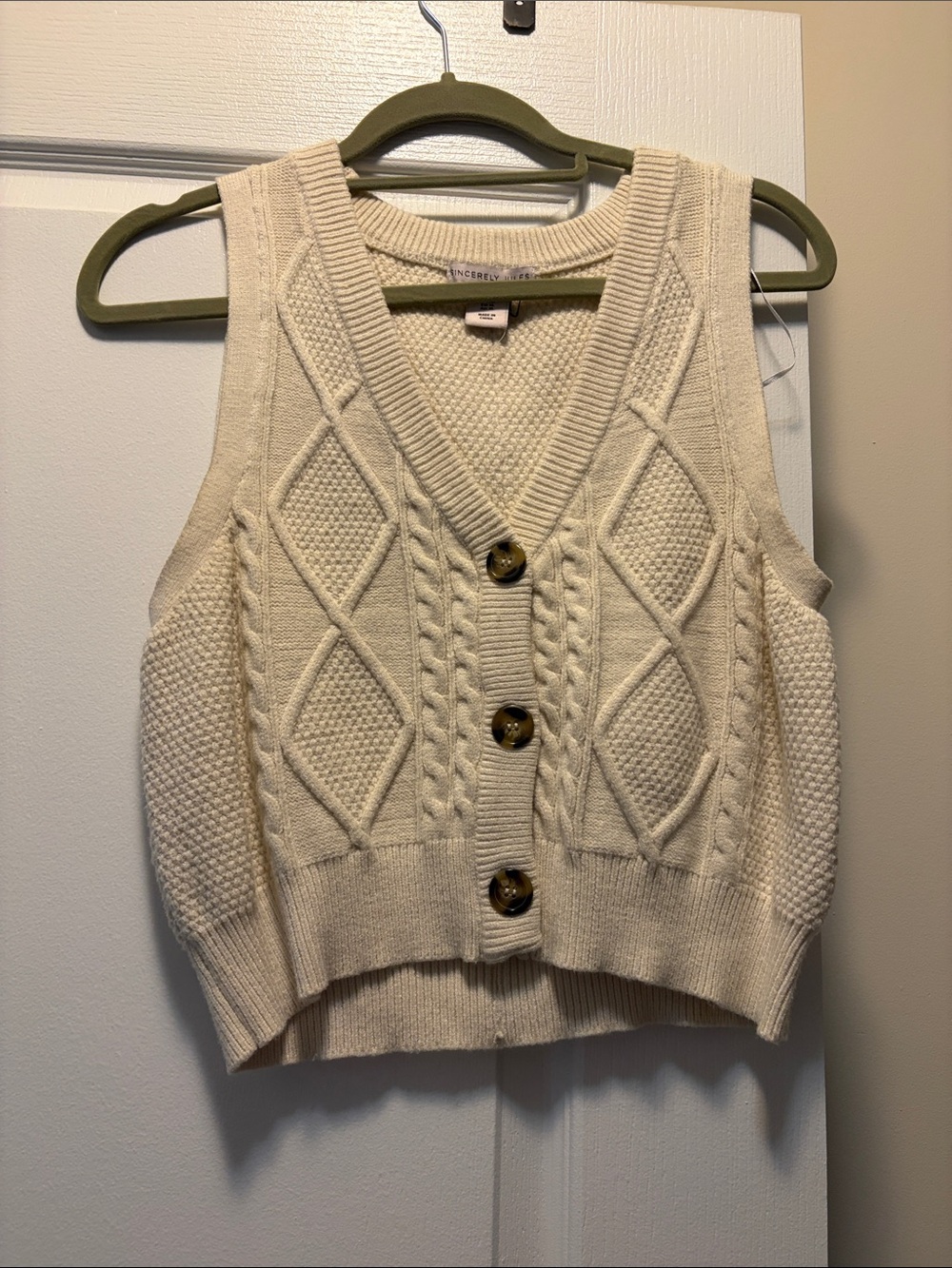 Sincerely Jules Cream Cable Knit V-Neck Button Vest